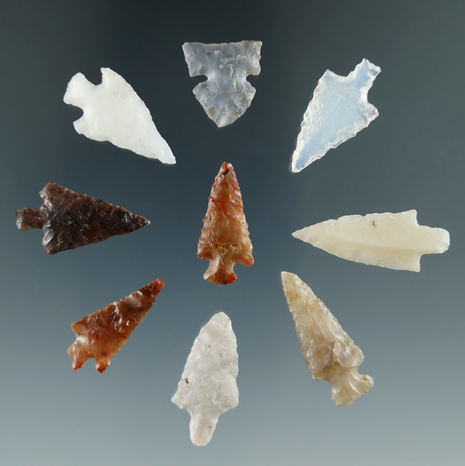 Group of nine assorted Columbia River Gem points, largest is 1 1/16".