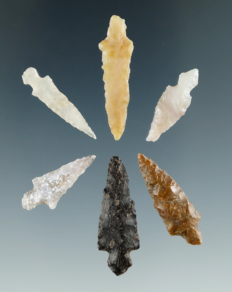Set of six Dagger points found near the Columbia River, largest is 1 1/8". Ex. Dewey Schmid collecti