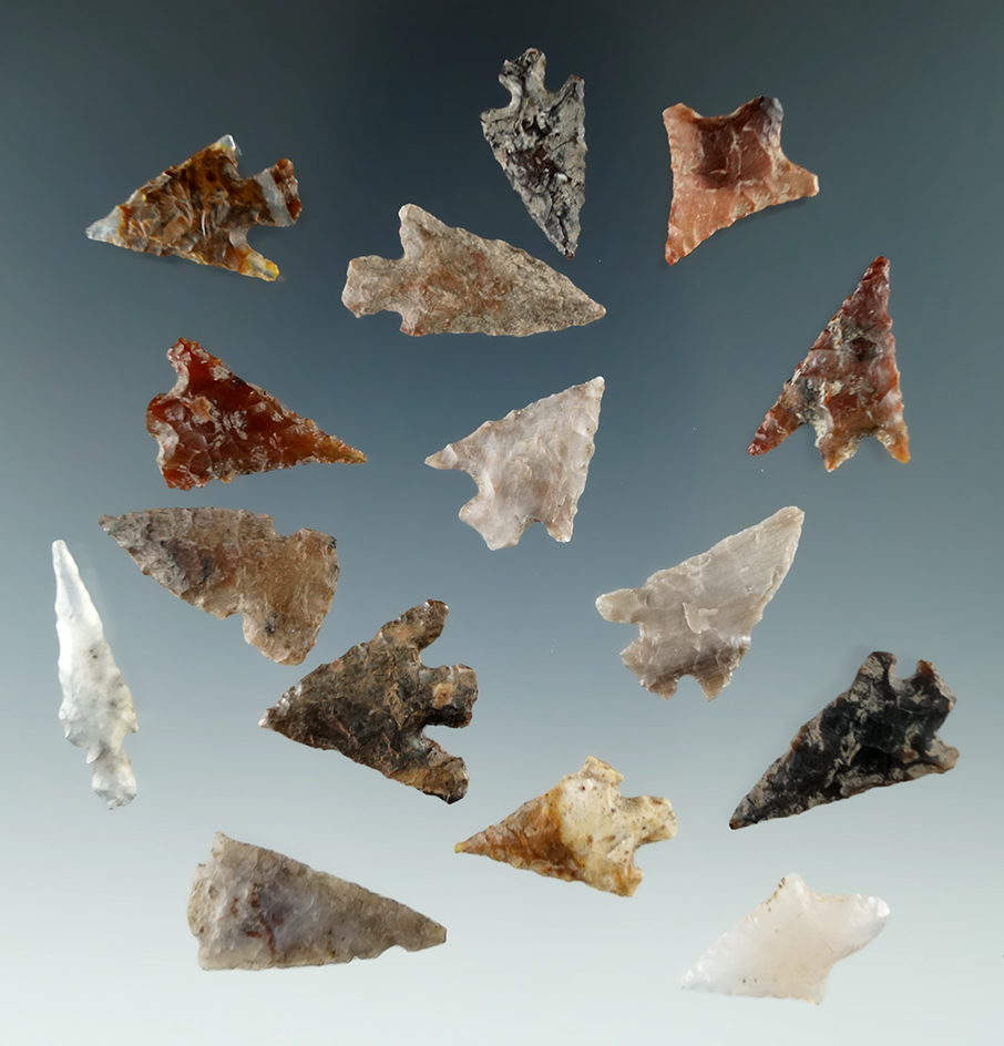 Set of 15 assorted Columbia River arrowheads found by Norma Berg, largest is 1".