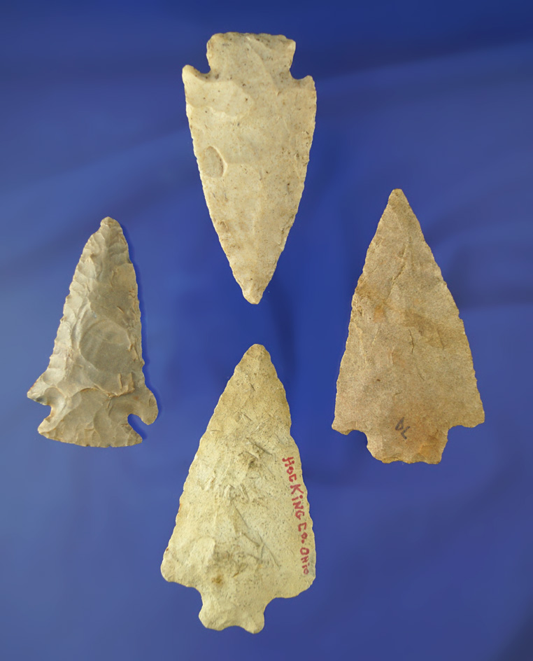 Set of four midwestern arrowheads, largest is 2 13/16".