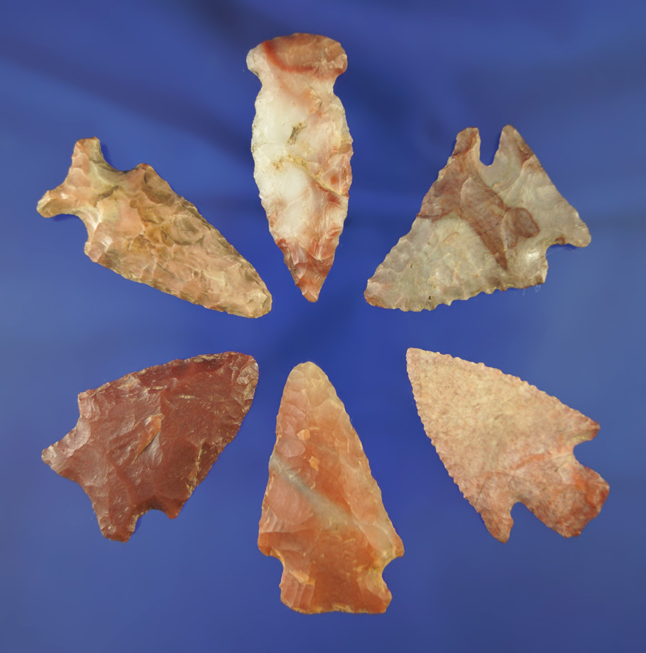 Set of six assorted Midwestern arrowheads, largest is 2 1/16". Some nice color in this group.