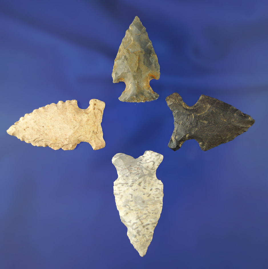 Set of four assorted Midwestern arrowheads in good condition, largest is 2".