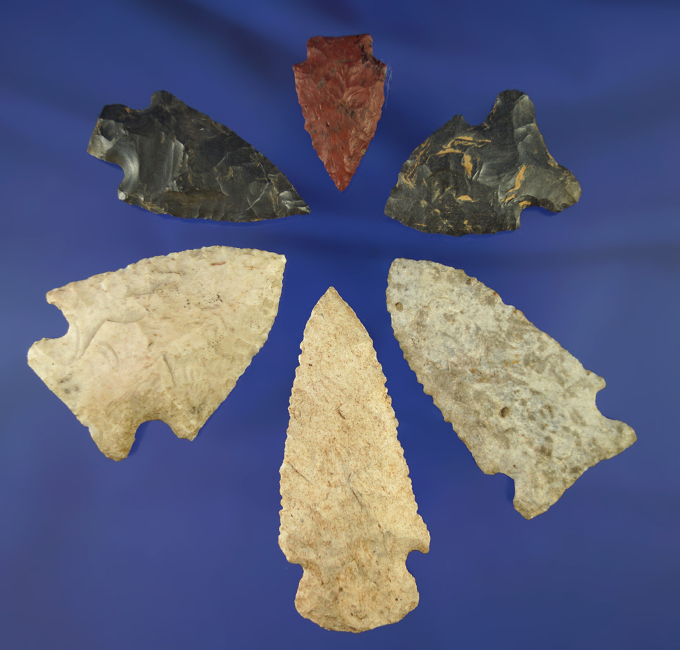 Set of six assorted Midwestern arrowheads in good condition, largest is 2 3/4".