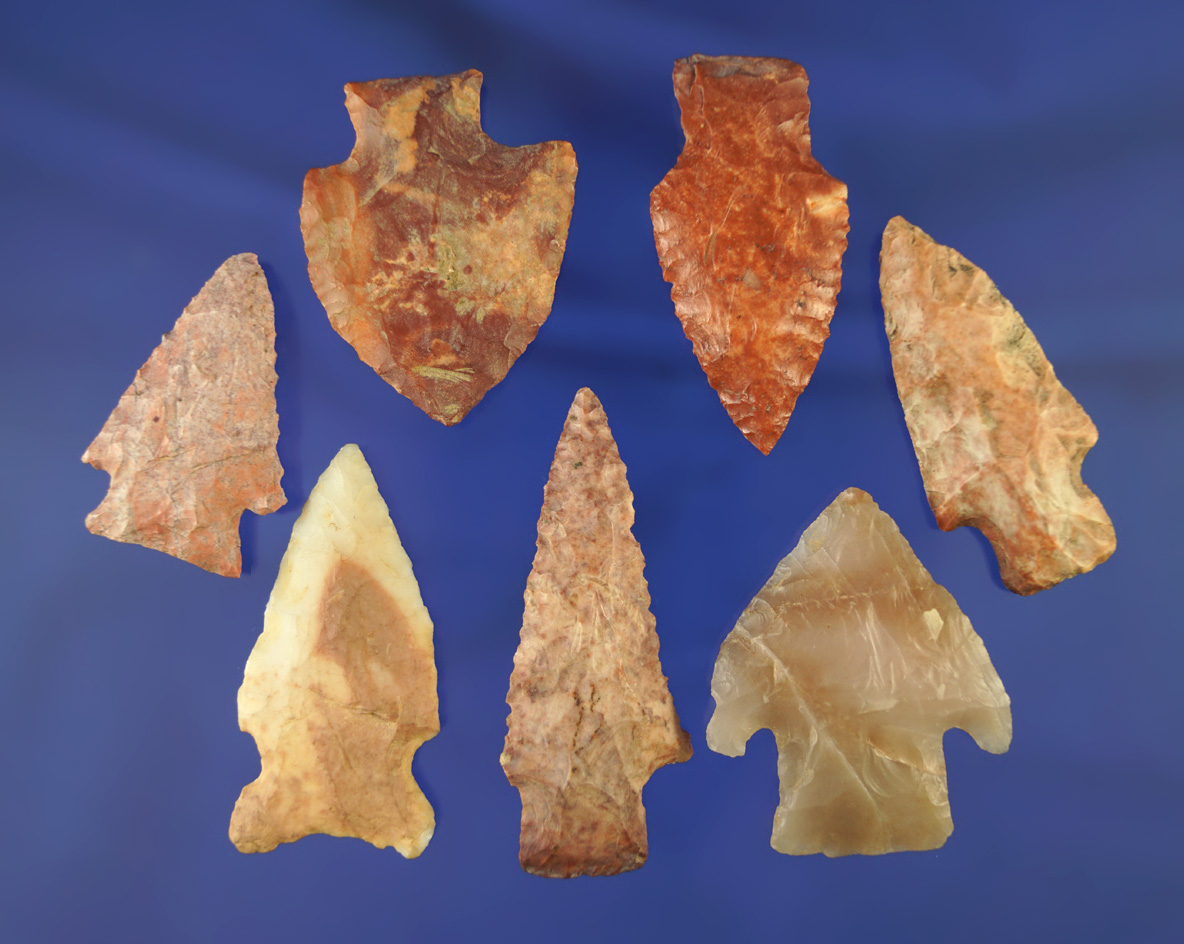 Set of seven colorful nicely made arrowheads from the Southern U.S. - largest is 2 1/8".