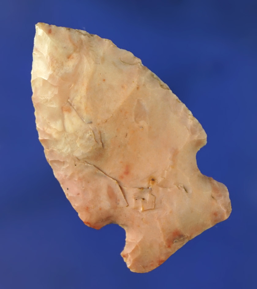 1 3/4" pink Flint Ridge Flint Sidenotch point found in Ohio.
