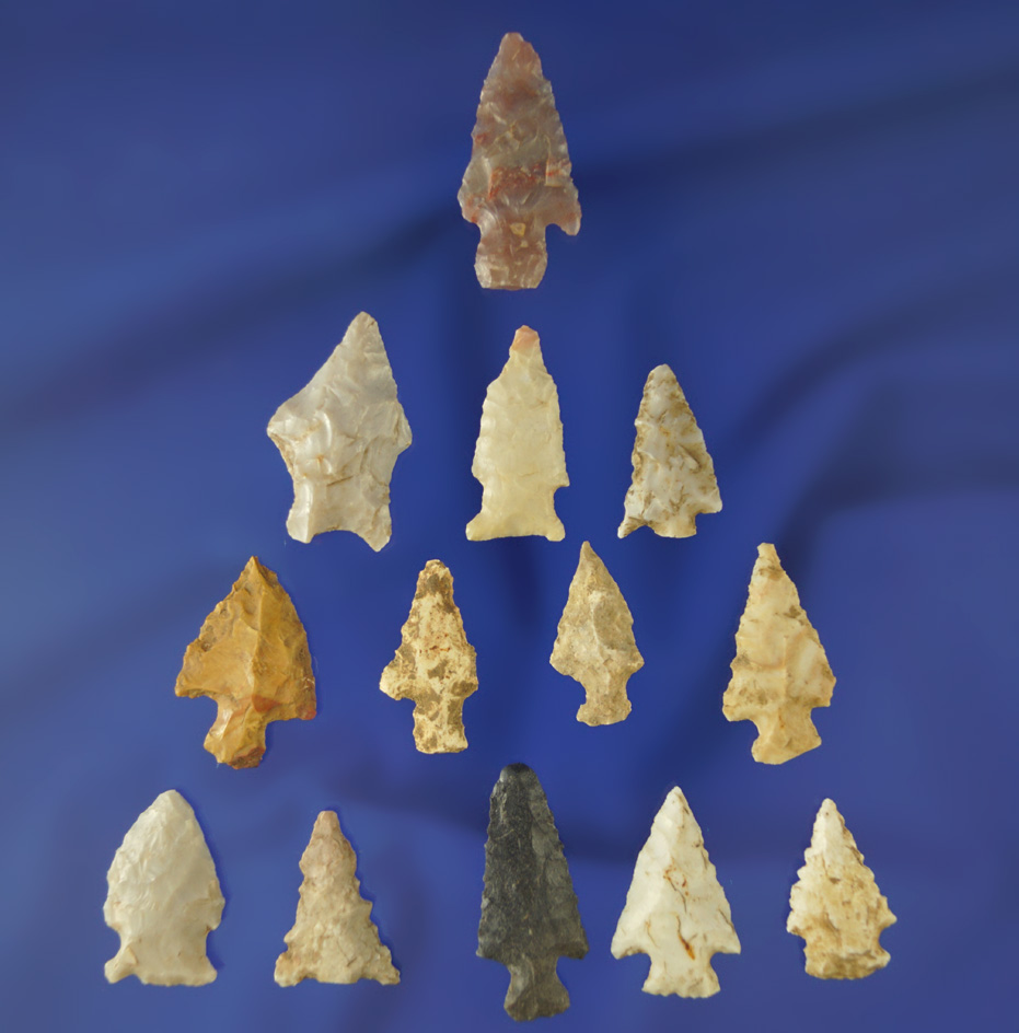 Large group of approximately 12 Midwestern arrowheads and Birdpoints, largest is 1 3/16".
