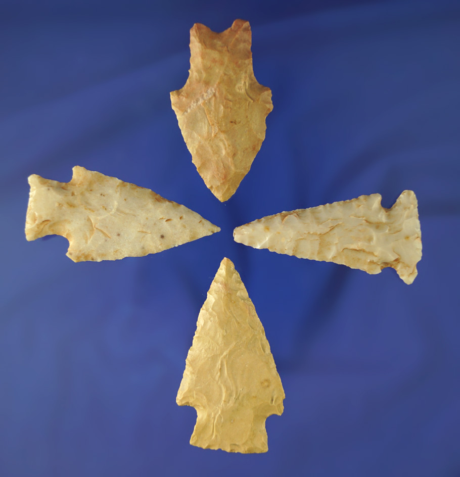 Set of four Texas area arrowheads, nice condition, largest is 2 3/16".