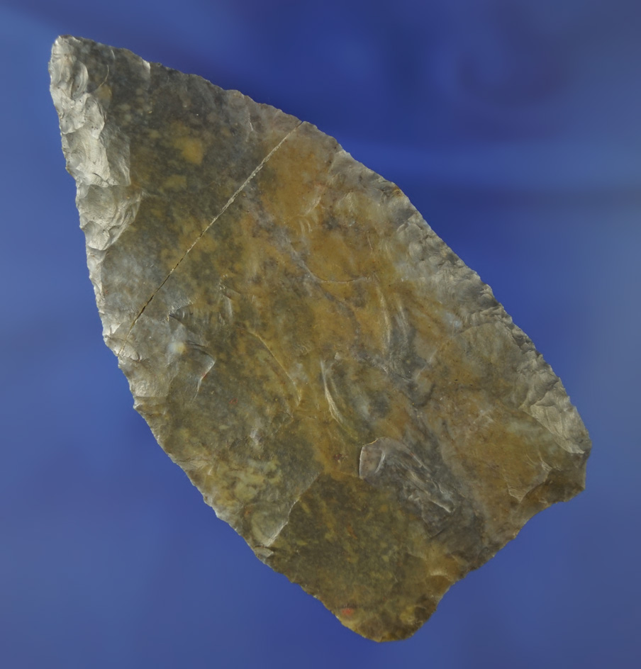 Large and heavily patinated 4 1/16" Coshocton Flint Blade that is broken and glued - Ohio.