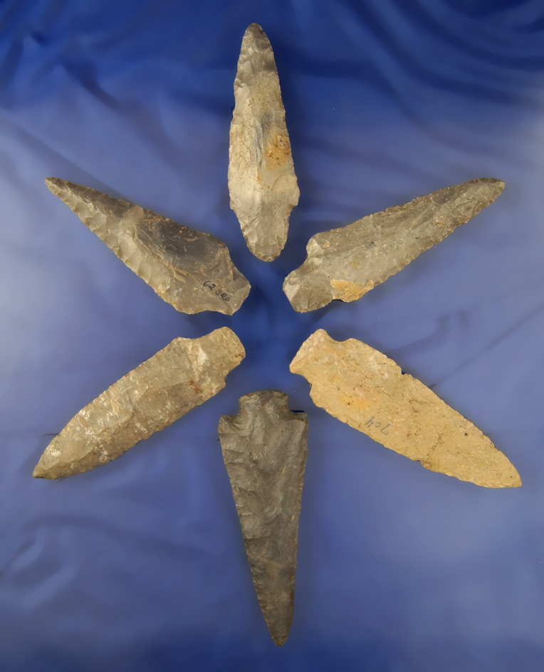 Nice set of six assorted Arrowheads found in Western Ohio. Ex. R. Thiebeau.