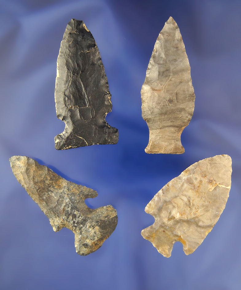 Set of 4 assorted Arrowheads found in Western Ohio, largest is 2 1/2". Ex. Thiebeau.