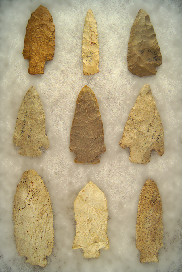 Set of nine assorted Arrowheads from the Ronald Thiebeau collection, largest is 3 7/8".