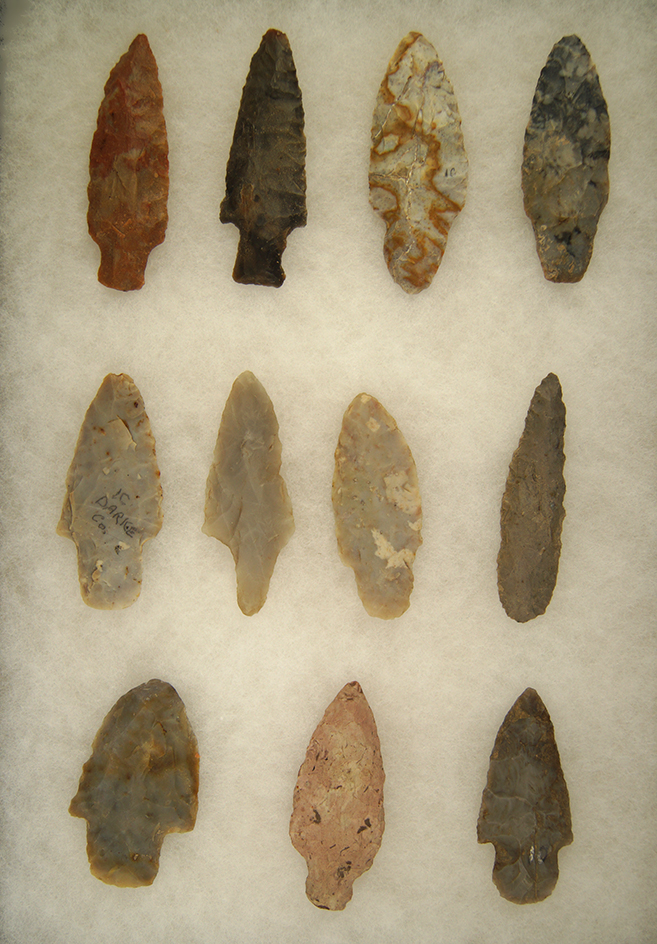 Nice group of 11 assorted Ohio Arrowheads. Ex. R. Thiebeau. Largest is 3".