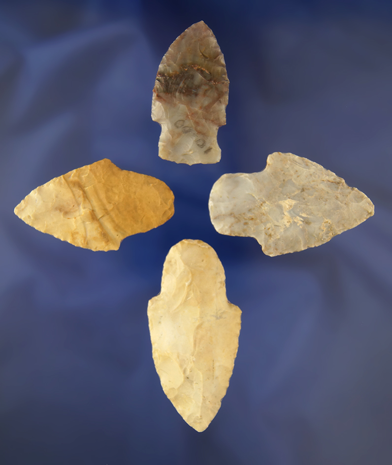 Set of four nice Arrowheads found in Ohio, largest is 2 5/8". Ex. Ronald Thiebeau.