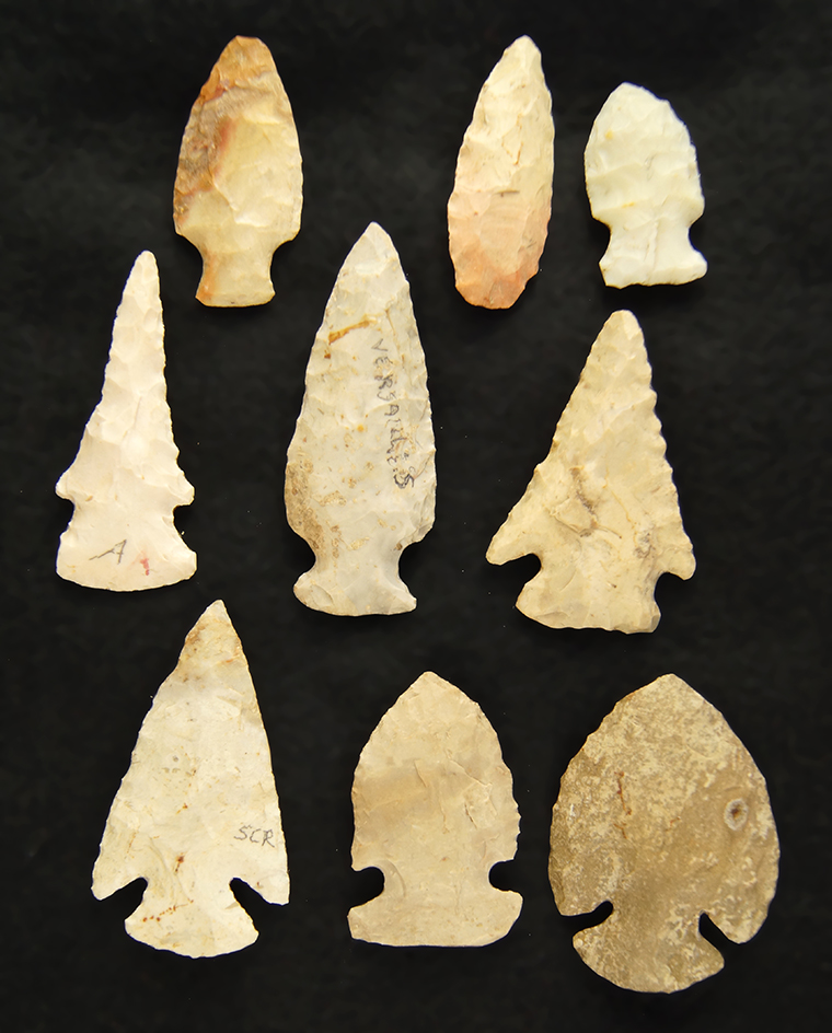 Group of nine assorted Ohio Arrowheads. Ex. R. Thiebeau. Largest is 2 9/16".
