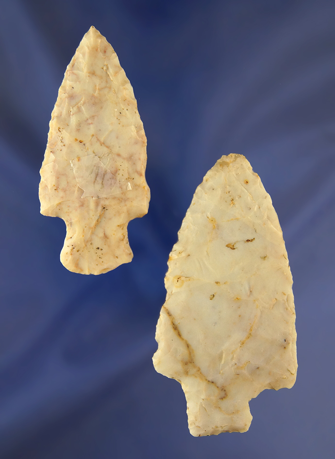 Pair of Flint Ridge Flint Late Adena Arrowheads, largest is 3 3/16" found in Ohio.