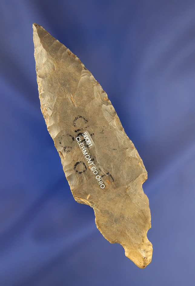 4 1/8" Rare style Double Notched Turkeytail. Found in Clermont Co., Ohio. Davis COA.