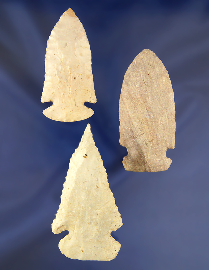Nice set of 3 Archaic Arrowheads, largest is 3 1/8" found in Ohio. Ex. Thiebeau.