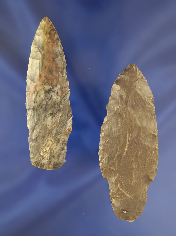 Pair of very nice Adena Arrowheads, largest is 3 1/2". Ex. Ronald Thiebeau collection.
