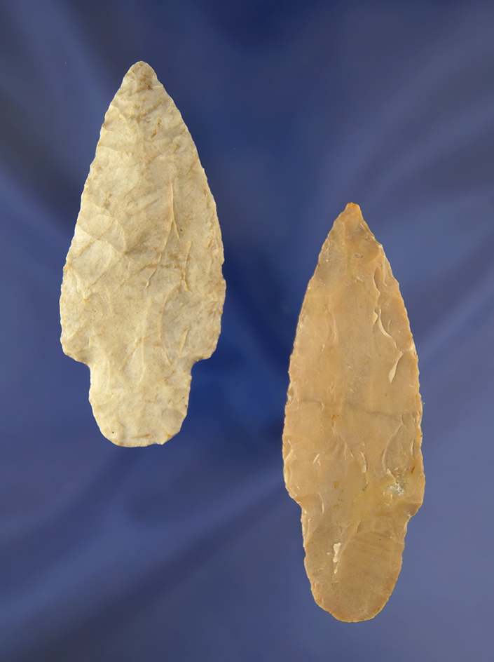 Nice pair of Flint Ridge Flint Adena Arrowheads found in Ohio. Largest is 3 1/8".