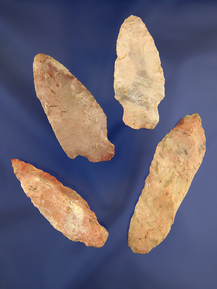 Set of 4 colorful Arrowheads found in Ohio, largest is 3 1/8".