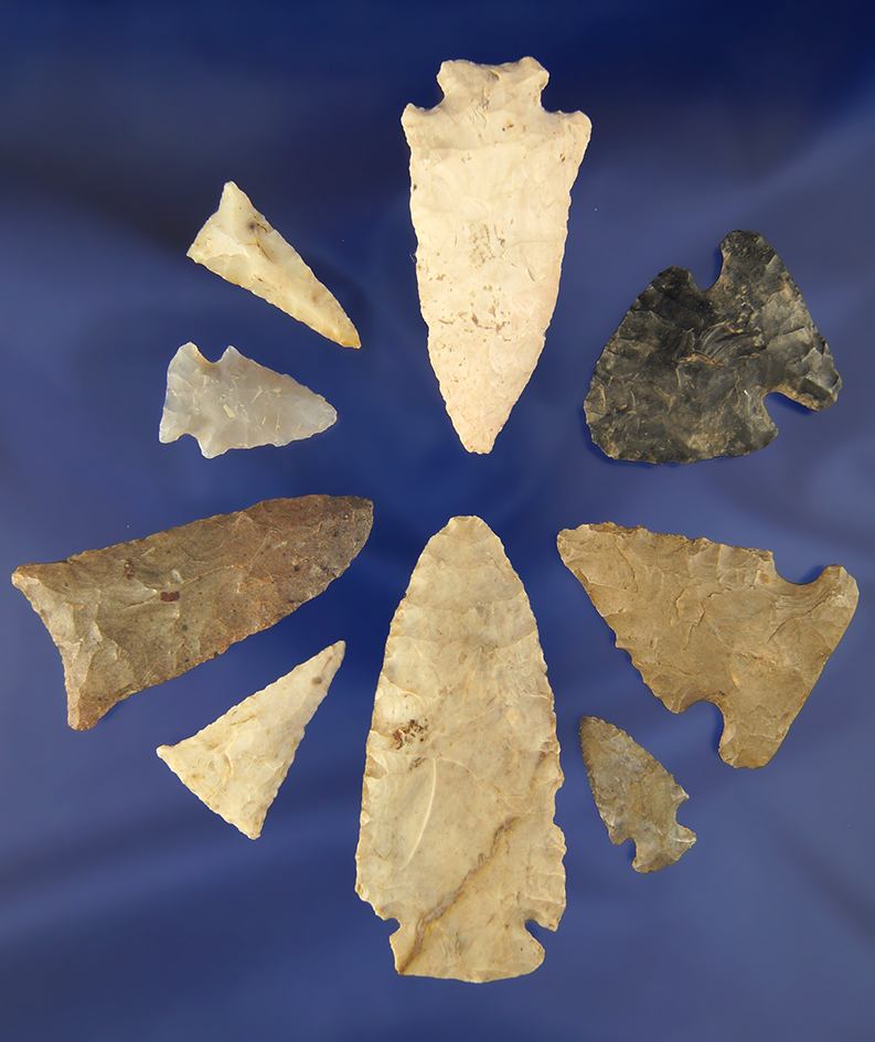 Set of 9 Assorted Ohio Flint Points, largest is 2 1/2".