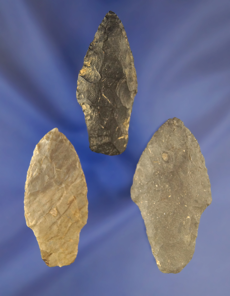 Set of 3 Coshocton Flint Adena Arrowheads, largest is 2 9/16". Found in Ashland Co., Ohio.