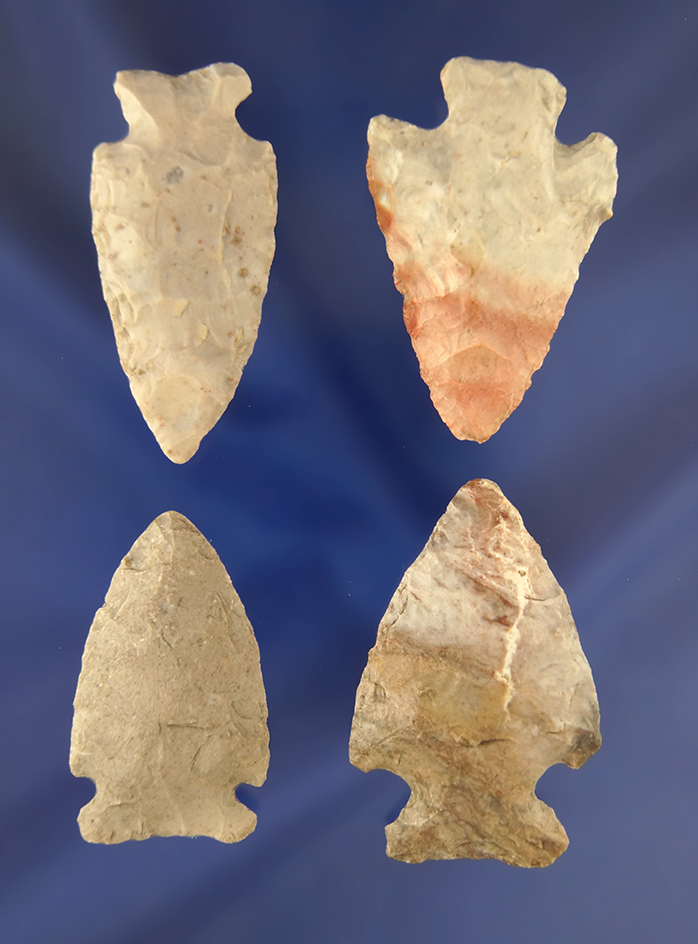 Set of 4 Ohio Cornernotch Arrowheads, largest is 1 7/8". Found in Ashland Co., Ohio.