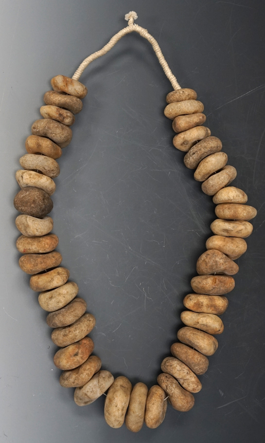Large! This is a 29" strand of very large drilled neolithic stone beads - most beads around 2".