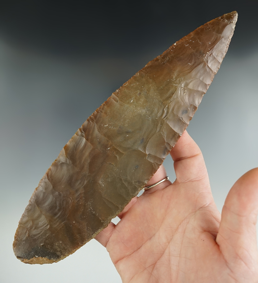 Large and nice! 8 1/2" Beautifully flaked Mayan flint blade recovered in Belize. Ex. David Walley