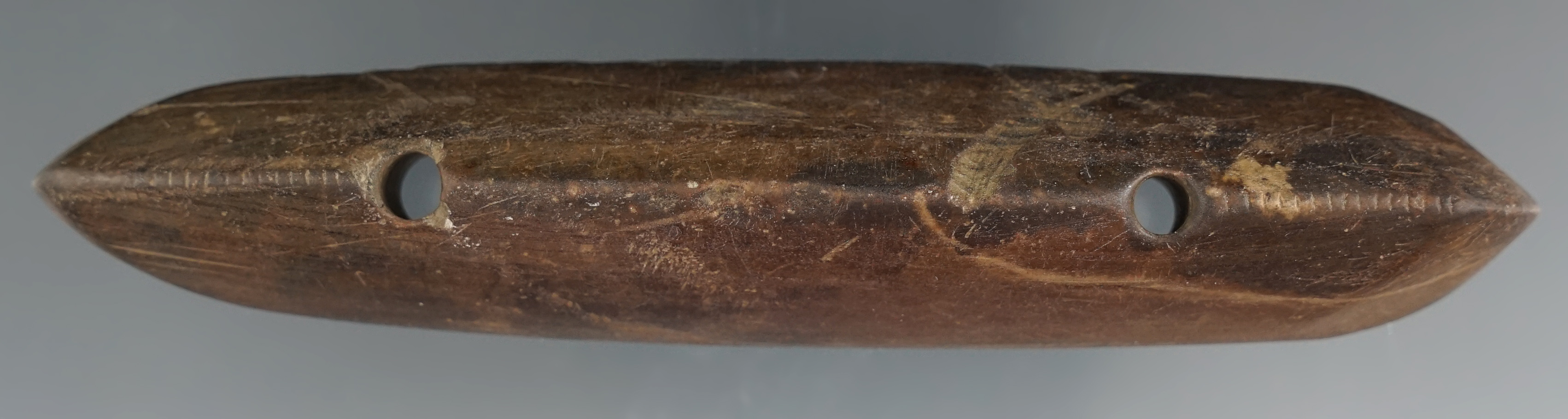 5 1/2" Rare Glacial Kame Ridged Gorget. Highly tallied. Found in Northern Ohio.