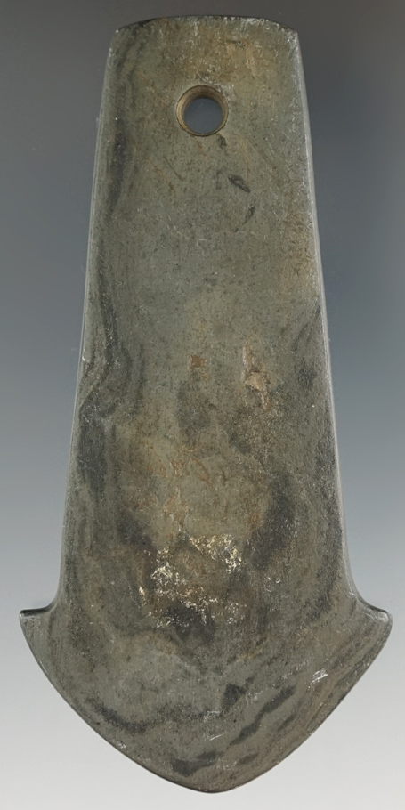 4 3/8" Adena Anchor Pendant - green and black Mottled Slate, found in Morrow Co., Ohio.