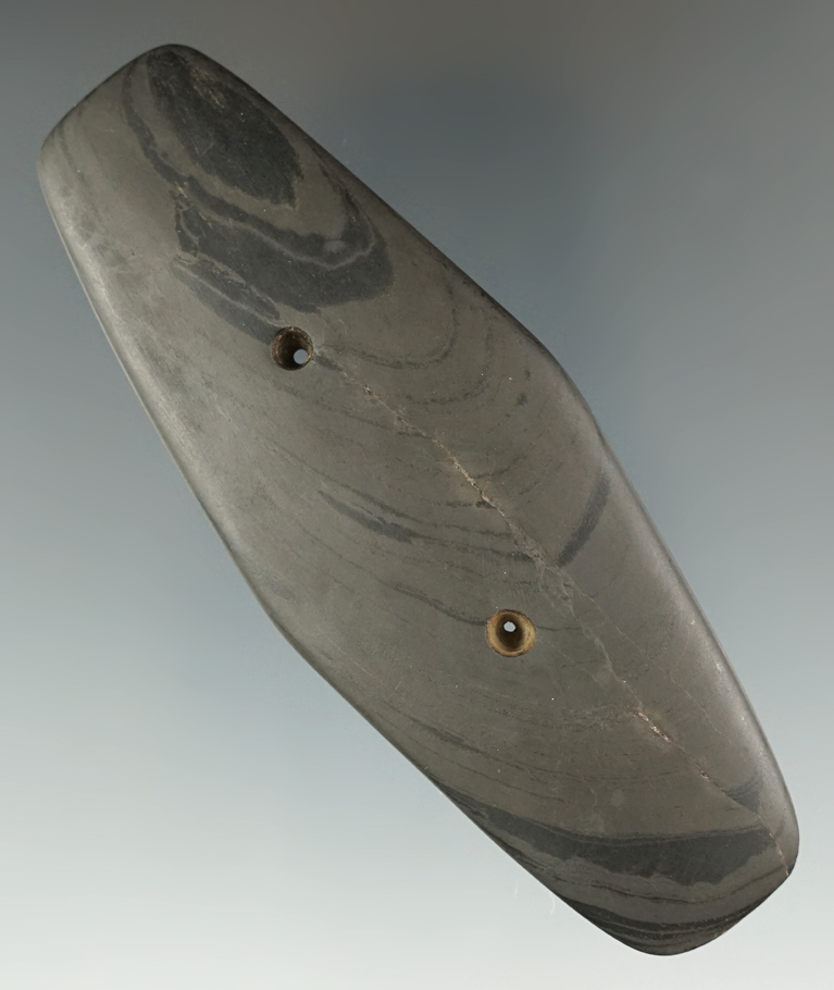4" Two-hole Gorget made from attractive Banded Slate found in Ohio.