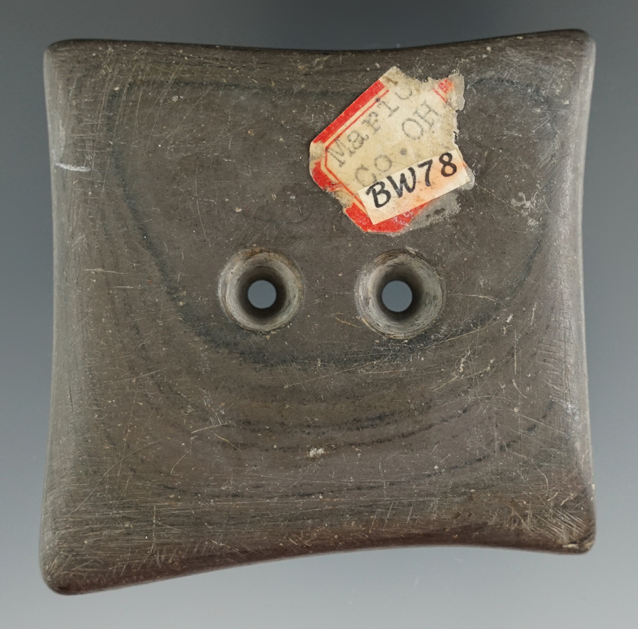 2 9/16" Adena Quadriconcave Gorget made from Banded Slate. Found in Marion Co., Ohio.