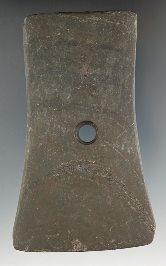 4 11/16" Adena Bell Pendant made from green and black Banded Slate, found in Medina Co., Ohio