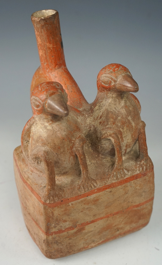 6 1/2" Tall double Avian Effigy Sican culture Stirrup Bottle from Peru.
