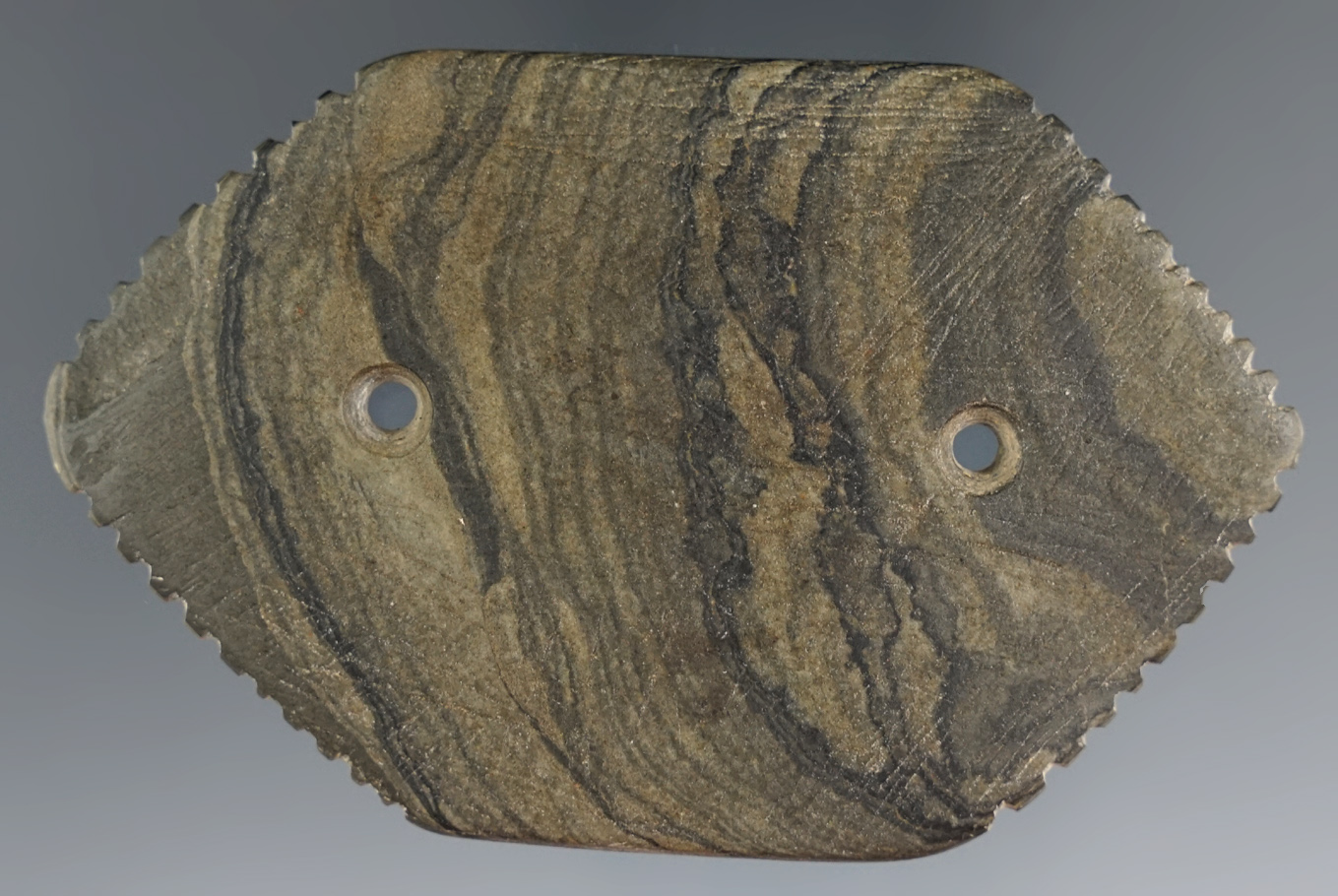 3 1/2" Very unique Six-Sided highly banded Glacial Slate Gorget with unique fringing on four sides.
