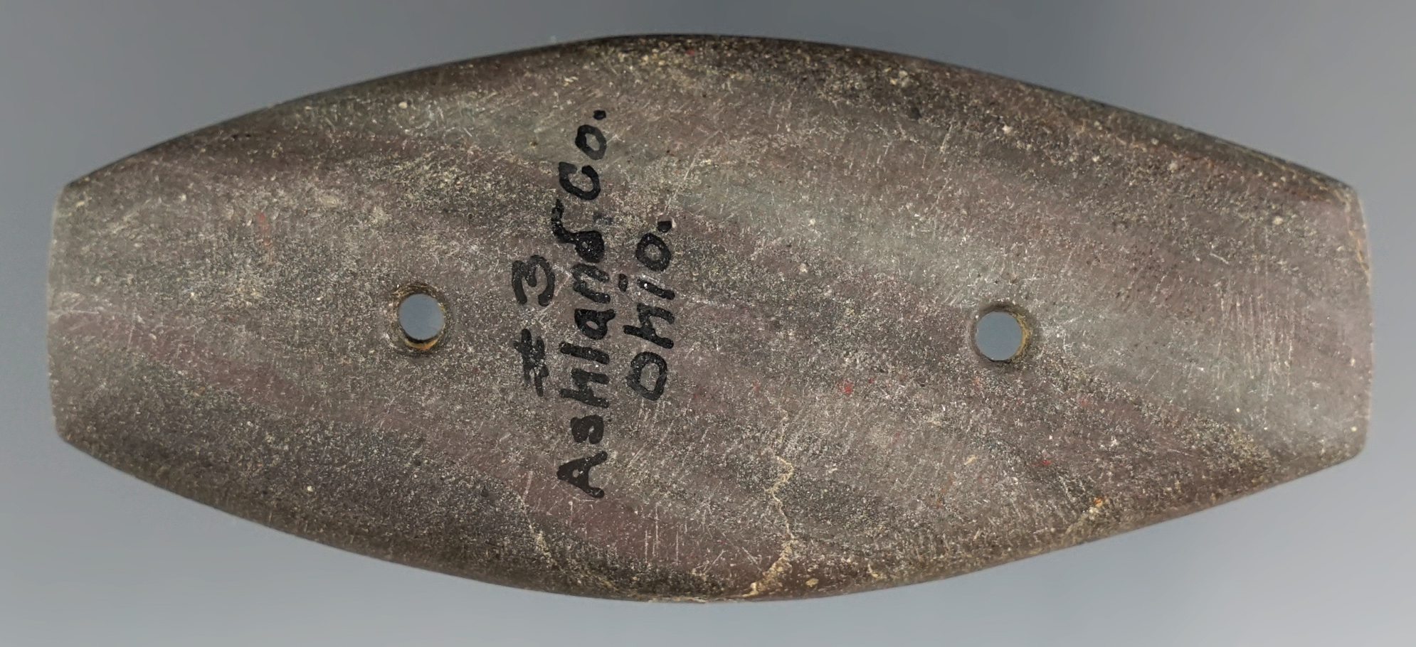 3 7/16" Woodland Gorget made from red and black Banded Slate, found in Ashland Co., Ohio.