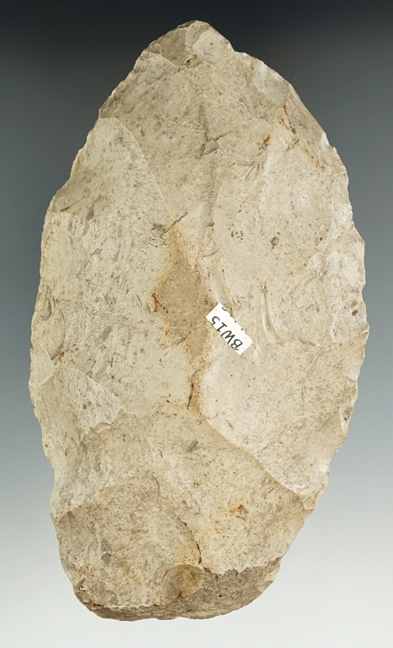 Large! 6 1/8" Heavily patinated flint Blade found at the Crib Mound, Spencer Co. ,Indiana.