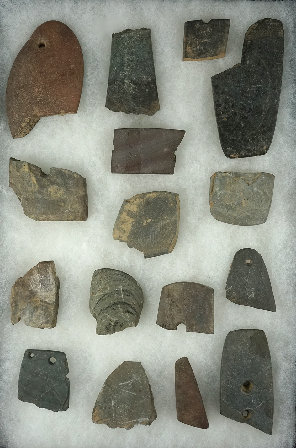 16 broken slate artifacts found by Len and Janie Weidner in Ohio. Excellent study pieces.