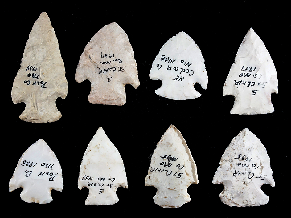 Eight Hopewell points found in Missouri in the 1930s, largest is 2 9/16".