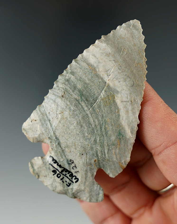 3" Nicely serrated Archaic Thebes Bevel - beautifully colored Indiana Green - Logan Co., Illinois.