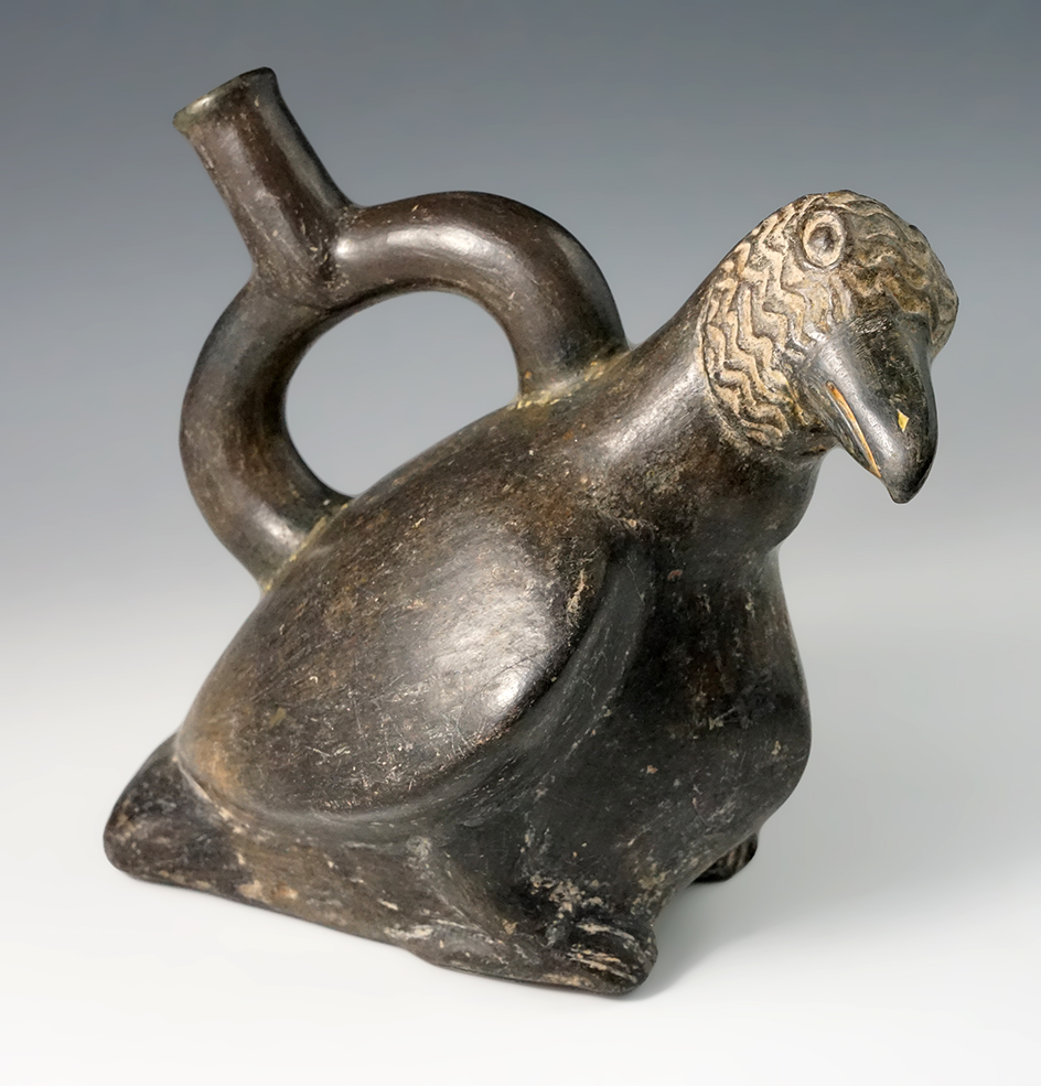 6 1/2" Wide by 7" tall Bird Effigy Moche Stirrup Spouts Pottery Vessel found in Peru.