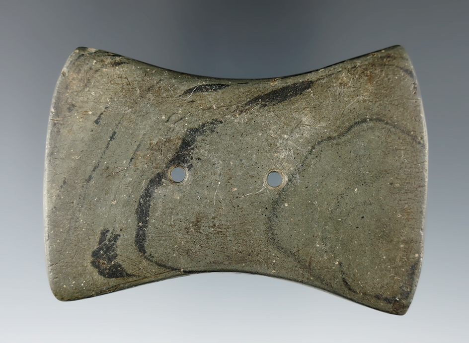 3 3/8" Bi-Concave Gorget made from nicely patinated banded Slate found in Miami Co., Ohio.