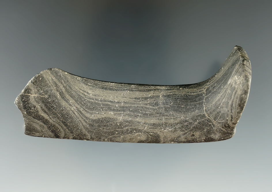 3 3/16" Birdstone body made from Banded Slate, found in Monroe Co., Michigan.