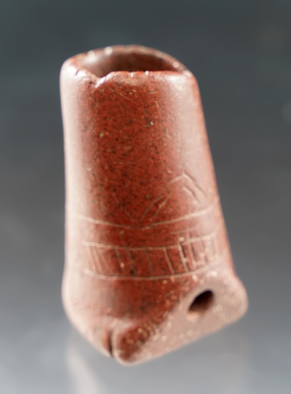 2" Rare anciently salvaged Platform Pipe that is highly engraved and tallied.