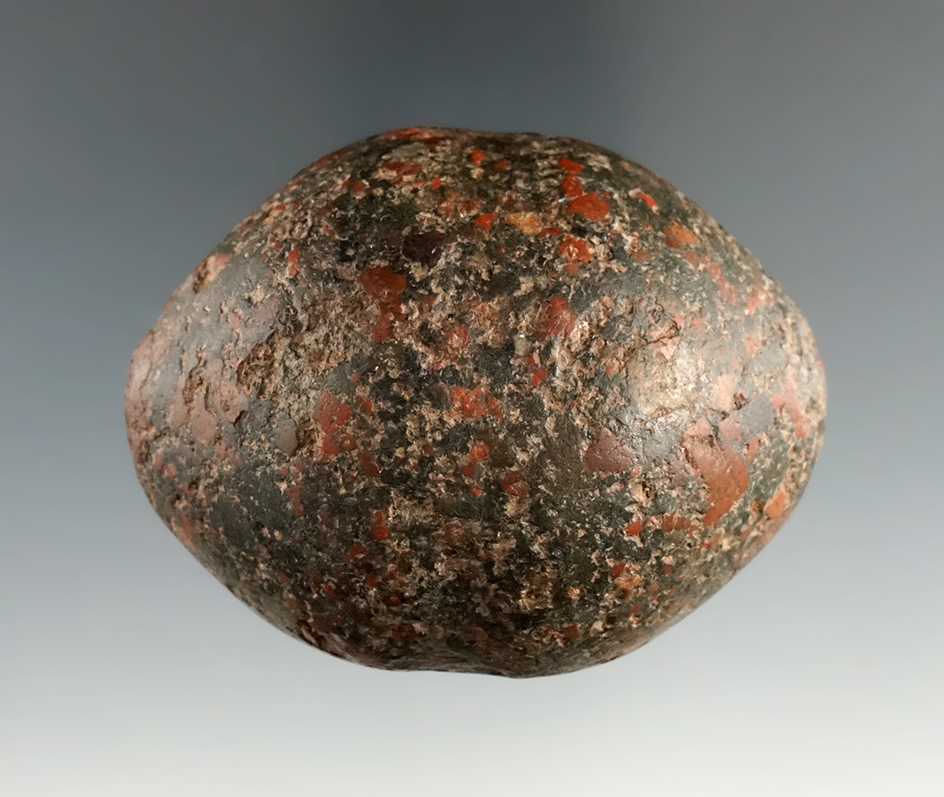 2 3/4" Wari Culture War Club made of red and black Porphyry found near Pikillacra, Peru.