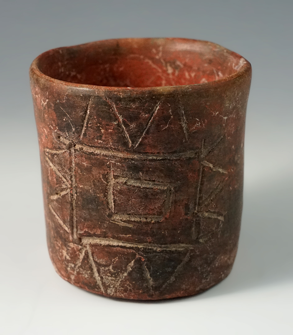 2 3/4" Proto-Maya engraved Pottery short cylinder circa 500-200 BC.