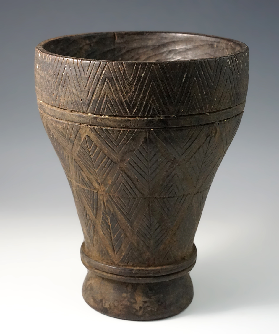 7 5/8" Inca Wood Kero that is finally carved in incised. Found in Cusco, Peru. Circa A.D. 1400.