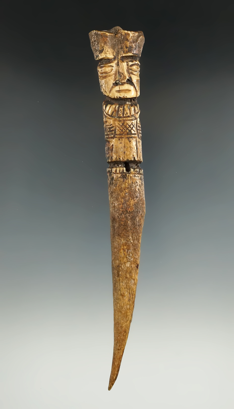 8" Tall Wari Bone Dagger (Hauri) from the central Peruvian Highlands is nicely engraved.