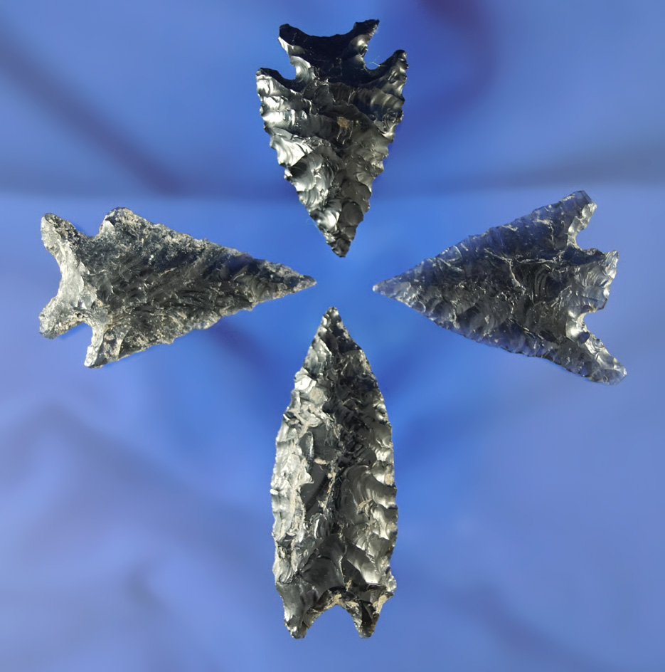 Set of four assorted obsidian arrowheads found in Oregon, largest is 1 7/8".